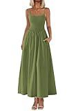 PRETTYGARDEN Women's Smocked Maxi Dresses 2025 Summer Beach Sundress Casual Spaghetti Strap Swing A Line Long Flowy Dress (Army Green,X-Large)