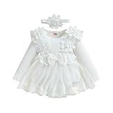 ZAXARRA Infant Baby Girl Romper Dress Baby Dress Romper Flowers Lace Fall Winter Clothes with Headband (White, 6-9 Months)