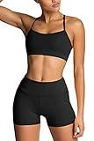 IWEMEK Workout Sets for Women 2 Piece Yoga Tracksuits Outfits High Waisted Running Biker Shorts with Adjustable Strap Sport Bra Exercise Running Gym Clothes Sets Black Small