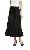 Tronjori Womens A Line Long Midi Denim Skirt Tired Pleated Layers Elastic Waist Front Drawstring(M, Black)