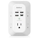 Addtam USB Wall Charger Surge Protector 5 Outlet Extender with 4 USB Charging Ports (1 USB C Outlet) 3 Sided 1800J Power Strip Multi Plug Outlets Wall Adapter Spaced for Home Travel Office ETL Listed