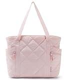 BAGSMART Tote Bag for Women, Large Tote Bag with Zipper, Quilted Puffer Bag Gym Bag Top Handle Handbag for Travel Work, Pink