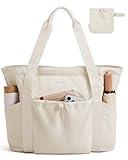 BAGSMART Women Foldable Tote Bag with Drawstring Storage Bag, Large Tote Bag Shoulder Bag Top Handle Handbag for Travel, Work, Beach, Gym, Shop, (Beige)