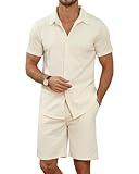 MLANM Men's 2 Piece Outfit Summer Short Sleeve Button Down Shirts and Shorts Sets with Pockets S-Beige