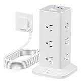 Surge Protector Power Strip Tower, TESSAN 15 ft Flat Extension Cord Surge Protection 900J with 12 AC Outlets and 3 USB (1 USB C), Multiple Charging Station for Office Supplies, Dorm Room, Home, White