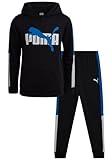 PUMA Boys' Jogger Set -2 Piece Active Fleece Pullover Graphic Hoodie Sweatshirt and Sweatpants for Boys (8-16), Size 14-16, Black/Royal