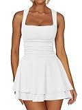 Kaximil Women's Square Neck Ruffle Hem Mini Dress Ruched Waist Short Party Dresses, Small, White