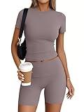 Trendy Queen Womens 2 Piece Workout Sets Short Matching Lounge Sets Summer Clothes Going Out Gym Outfits CoffeeGrey M