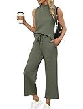SAMPEEL Women's 2 Piece Set Casual Summer Mock Neck Sleeveless Wide Leg Pants Sets Matching Sets Women Clothing Lounge Sweat Set Travel Airport Outfits Green M