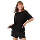 Hanes Women's Originals 2 Piece Lounge, Comfywear Supersoft Boxy T-Shirt & Sleep Shorts Loungewear Set, Black/Black, Medium