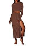 Pink Queen 2 Piece Fall Outfits for Women 2024 Crop Tops Slim Winter Wedding Skirt Set Knit Sweater Dress Coffee S