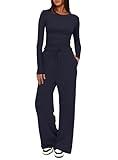 Darong Two Piece Sets for Women Fall Outfits Lounge Sets Crew Neck Tops Wide Leg Pants Vacation Travel Outfits 9065A Dark Blue L