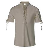 IWQBQ Mens Renaissance Shirt Pirate Medieval Viking Steampunk Top Lace Up V Neck Linen Short Sleeve Halloween Costume(Z2827GN,L)
