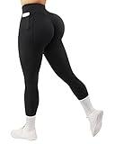 SUUKSESS Women Ribbed Workout Leggings with Pockets Butt Lifting High Waisted Yoga Pants (Black, M)