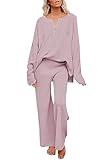 Pink Queen Matching Sets For Women 2 Piece Outfits Knit Sweater Top Long Pants Casual Pajamas Light Purple M