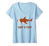 Womens Weird Surf and Turf Sign with Cow Bull Shark Hybrid Grill V-Neck T-Shirt
