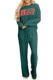 Opemiby Christmas Pajamas for Women Loungewear Ribbed Long Sleeve Top and Pants with Pockets Lounge Sweatsuit Set Evergreen M