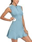 Tanst Sky Golf Dresses for Women, Ladies Tennis Dress with Pockets Zip Up Pleated Sleeveless Outfit Summer Workout Exercise Pickleball Gym Clothes with Separate Shorts 2 Piece Sets Blue Medium