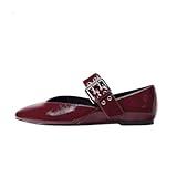 Burgundy Ballet Flats for Women with Closed Round Toe, Buckle Strap Mary Jane Flats, Comfortable Casual Ballerina Shoes Wine Red 7.5