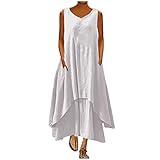Dress for Women Elegant Sundresses for Women 2023 Trendy Casual Cotton Linen Sleeveless Tank Dress with Pockets Summer Double Layer Dresses Cotton Linen American Flag Clothing for Women White 2X