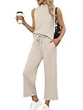 SAMPEEL 2 Piece Set for Women Dressy Lounge Set Summer Clothes Vacation Travel Outfits Sweat Set High Neck Old Money Matching Sets Women Clothing Beige L