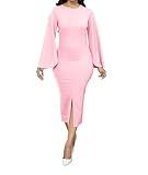 IbuduSexy Pink Dress for Woman Long Sleeve Crew Neck Bell Sleeve Solid Color Cocktail Banquet Business Dress