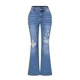 THUNDER STAR Womens Stretchy Mid Rise Flare Jeans Distressed Denim Bell Bottom Pants Light Blue US 4