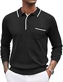 COOFANDY Knitted Long Sleeve Polo Men Banded Bottom Collared Sweaters Vintage Polo Sweater 2024 Winter Fashion Polo Black