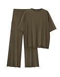 PRETTYGARDEN Women's 2 Piece Outfits Casual Short Sleeve Pullover Tops and Wide Leg Pants Lounge Sets Tracksuits (Army Green,Large)