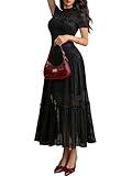 GothDark Womens Elegant Vintage Floral Lace Dress Short Sleeve Double Layer Gothic Midi Wedding Guest Casual Dress Black