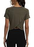 Mippo Short Sleeve Workout Tops Athletic Shirts Gym Clothes Exercise Crop Top Tshirts for Women Loose Fit Army Green L