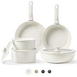 CAROTE Pots and Pans Set Non Stick, Cookware Sets, 11pcs Kitchen Set, Oven/Fridge Safe, Space Saving Pots Set, Nonstick Set with Versatile Removable/Detachable Handle, Induction RV Set, Cream White