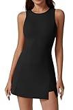 QINSEN Workout Dress for Women Crew Neckline Tennis Dress Build in Shorts with Two Pockets Black L