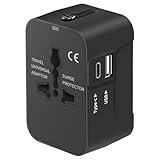 Travel Adapter with USB C, Universal All in One Worldwide Travel Adapter Power Converters Wall Charger AC Power Plug Adapter USB Type C Charging Ports for USA EU UK AUS Black