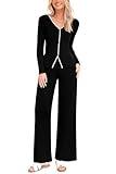 PRETTYGARDEN Women's 2 Piece Outfits 2024 Winter Knit Lounge Sets Long Sleeve Buttons Sweater Tops Wide Leg Pants Tracksuits (Black,Medium)