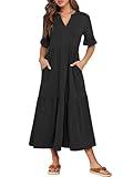 ANRABESS Women's Casual Summer Ruffle Short Sleeve T Shirts Maxi Dress 2025 Fall V Neck Flowy Tiered Boho Beach Dresses Black Medium