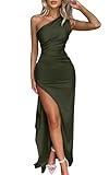 Memoriesea Women's Sexy One Shoulder Satin High Split Cocktail Wedding Party Maxi Dress Army Green