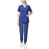 Generic Prime of Day Deals Today 2024 Clearance Scrubs-Set for Women 2 Piece Outfits Nurse Uniform Jogger Suit Classic Stretch Top & Pants with Pocket Nurse Workwear, Large, Dark Blue