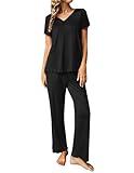 Ekouaer Womens Pajama Sets 2 Piece Lounge Set Soft Pajamas for Women Set Short Sleeve and Long Pants Pjs with Pockets Black