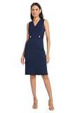 Maggy London Womens Classic V-Neck Knee Length Sheath Gold Button Detail-Professional Workwear-Business Casual Dress, Navy Blazer