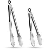 Hotec Stainless Steel Kitchen Tongs Set of 2 - 9" and 12", Locking Metal Food Tongs Non-Slip Grip
