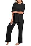 PrinStory Comfy Pajamas for Women Set Womens Pjs Sets Two Piece Lounge Set Ladies Loungewear with Pockets Black-XL