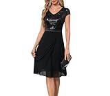 dasmzper Women’s Short Sleeve Sequin V Neck Cocktail Dress Elegant Draped Chiffon Midi Dress for Party Wedding Evening Black