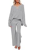 Pink Queen Women's 2 Piece Knit Outfit Set Long Sleeve Button Sweater Top and Wide Leg Pants Lounge Set Gray M