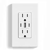 ELEGRP 30W 6.0 Amp 3-Port USB Wall Outlet, 15A Receptacle with Dual Type C & A Ports, Charger for iPhone/iPad/Samsung/LG/HTC/Android Devices, UL Listed, w/Wall Plate, 1 Pack, Matte White