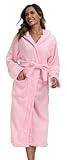 Womens Hooded Plush Bathrobe Warm Fleece Soft Long Robe Fuzzy Full Length Gown Shower Spa House Kimono for Women Light Pink