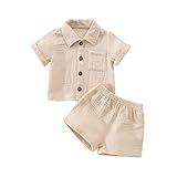 Baby Boys Clothes Set Toddler Infant Boys Button-down Shirt Tops + Cotton Gauze Shorts Summer Outfit 2PCS with Pockets (Beige, 12-18 Months)