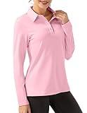 FKEEP Women Long Sleeve Polo Shirt Golf Sport Top Athletic Sportswear Tennis Activewear (Light Pink, S)