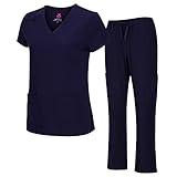 Natural Uniforms Women's Cool Stretch V-Neck Top and Cargo Pant Set (True Navy Blue, Large)