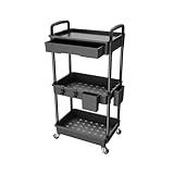 3 Tier Rolling Utility Cart with Drawer,REBECAT Utility Cart Made of Multifunctional Storage Organizer Tool for Kitchen,Bathroom,Living Room,Office(Black)